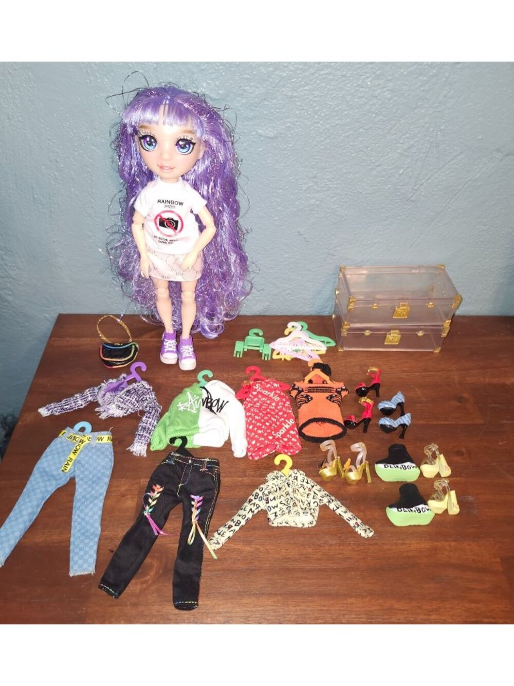 Rainbow High Violet Willow Lot with Clothing, Shoes, Hangers, Storage Cases